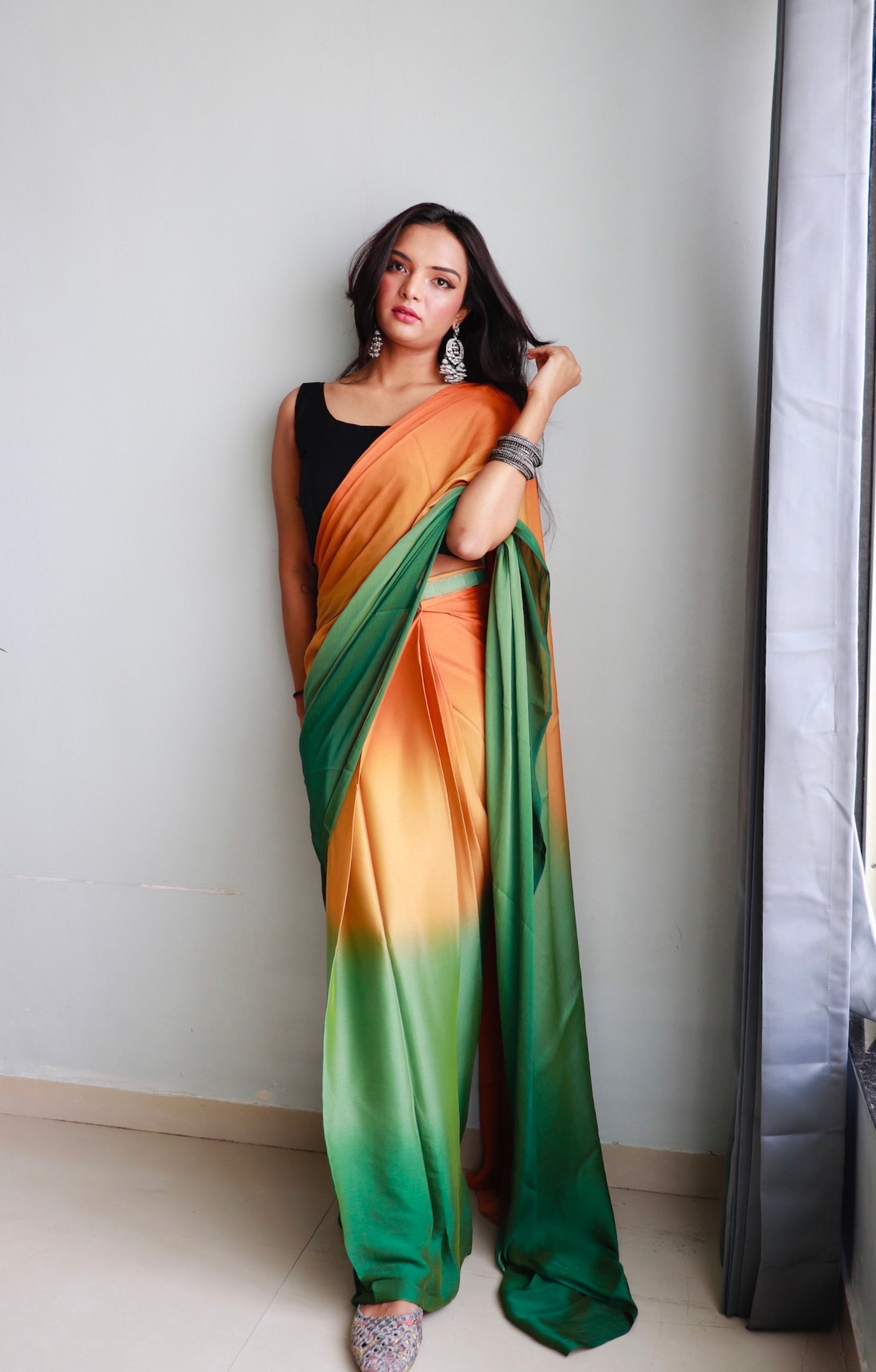 1 MIN Ready To Wear Dark Yellow- Green Dual shade Saree - Kachi Keri