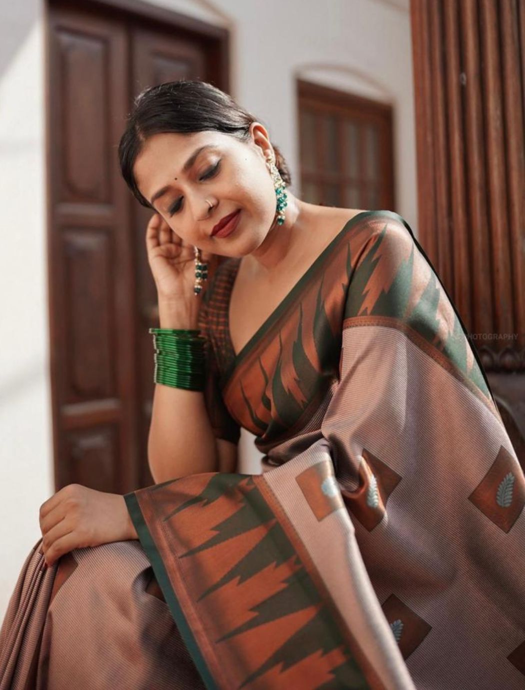 Aabha Dark Grey-Green Soft Silk Saree