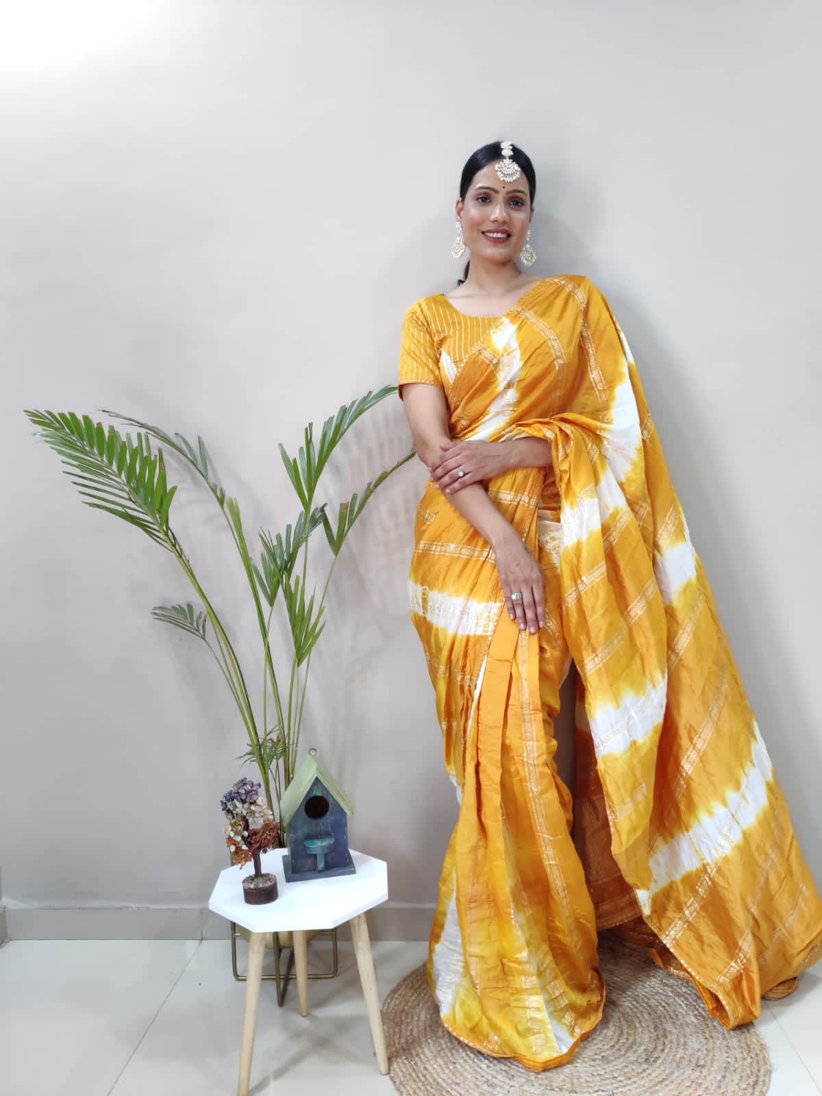 1 MIN Ready To Wear Sibori Yellow Viscose Saree