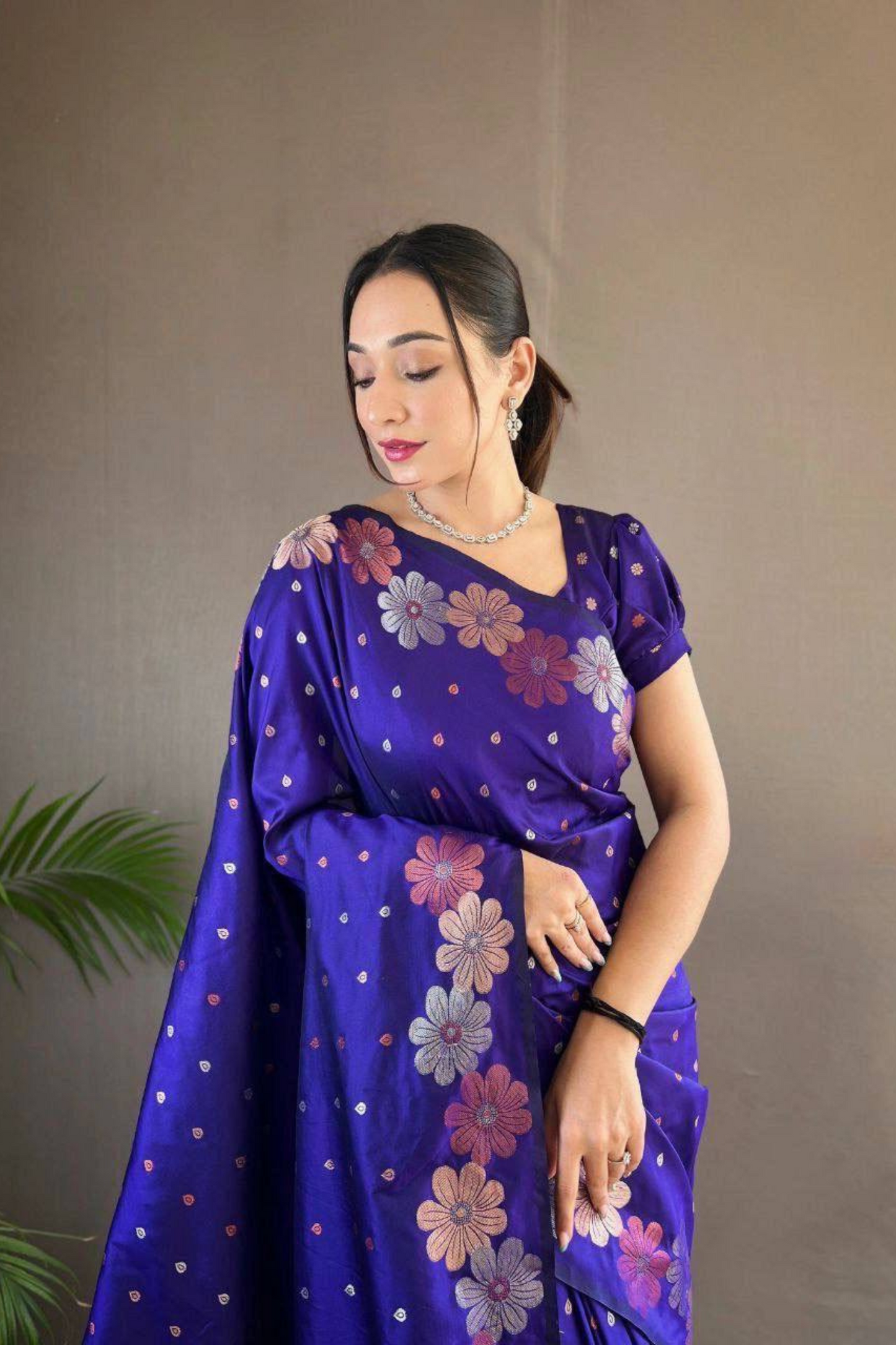 Rosette Bloom - Navy Blue Satin Silk Saree