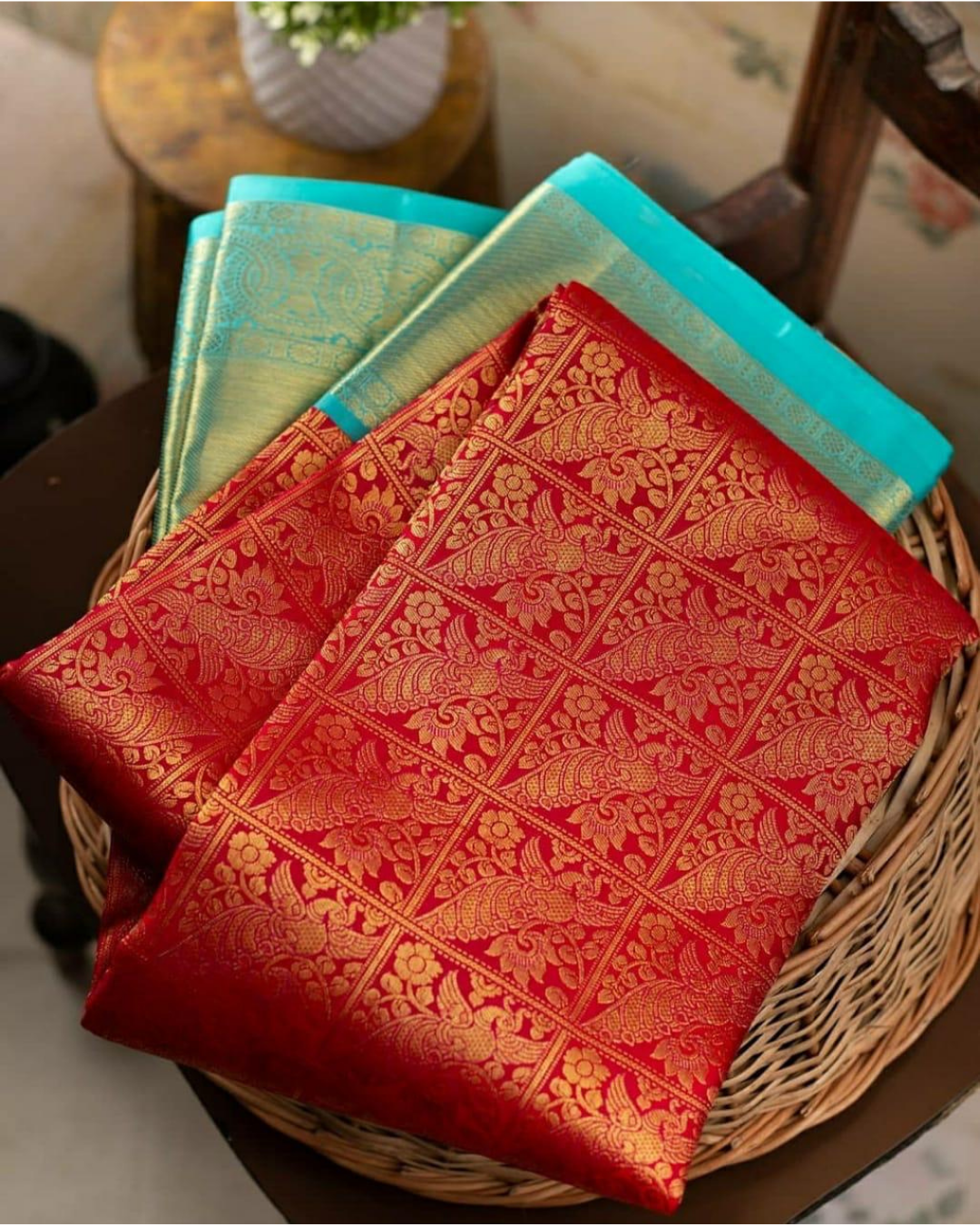 Mayura Sky-Red Kanchi Soft Silk Saree With Attached Blouse