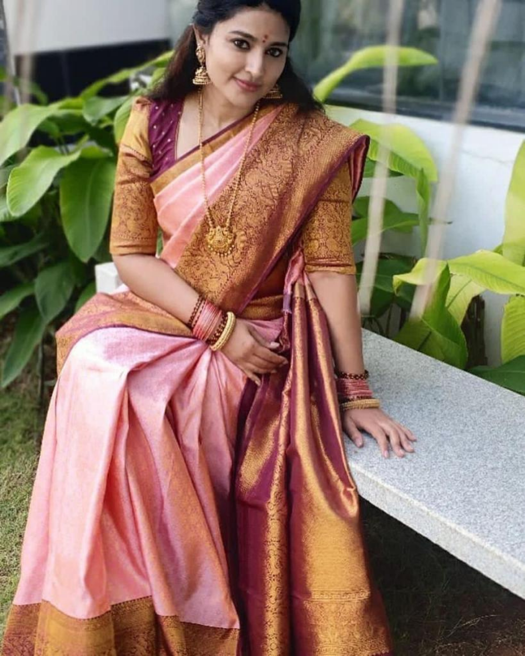Pvitra Pink Wine Kanchi Soft Silk Saree With Attached Blouse