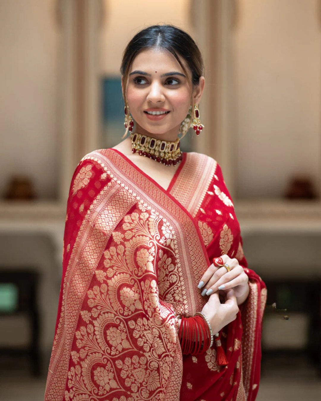 Sudha Red Banarasi Silk Saree with Beautitude Blouse