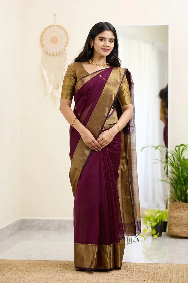 Meghlata Wine Cotton Silk Saree with Attractive Blouse