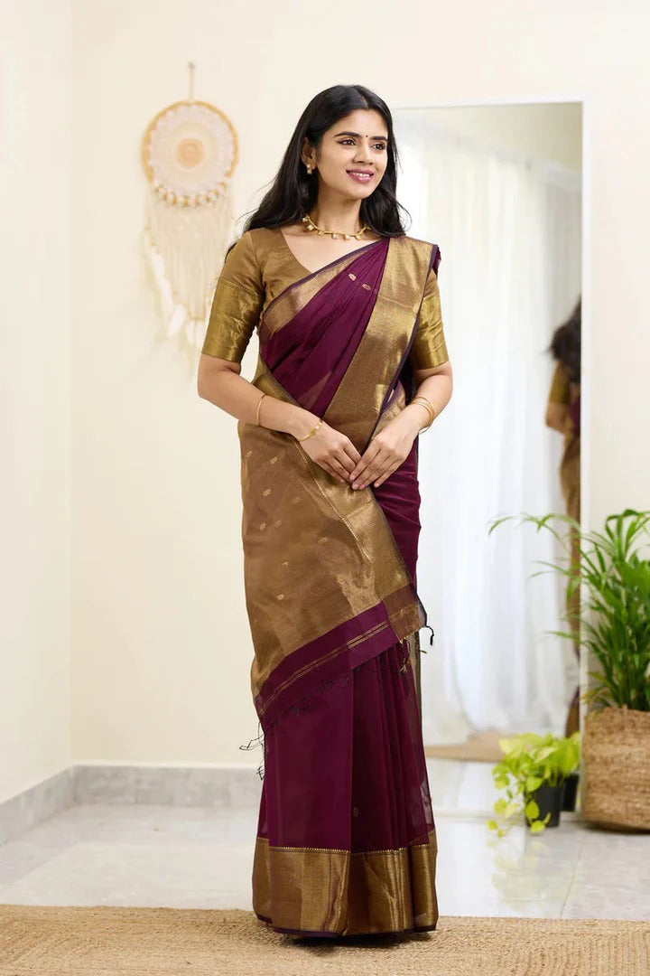 Meghlata Wine Cotton Silk Saree with Attractive Blouse