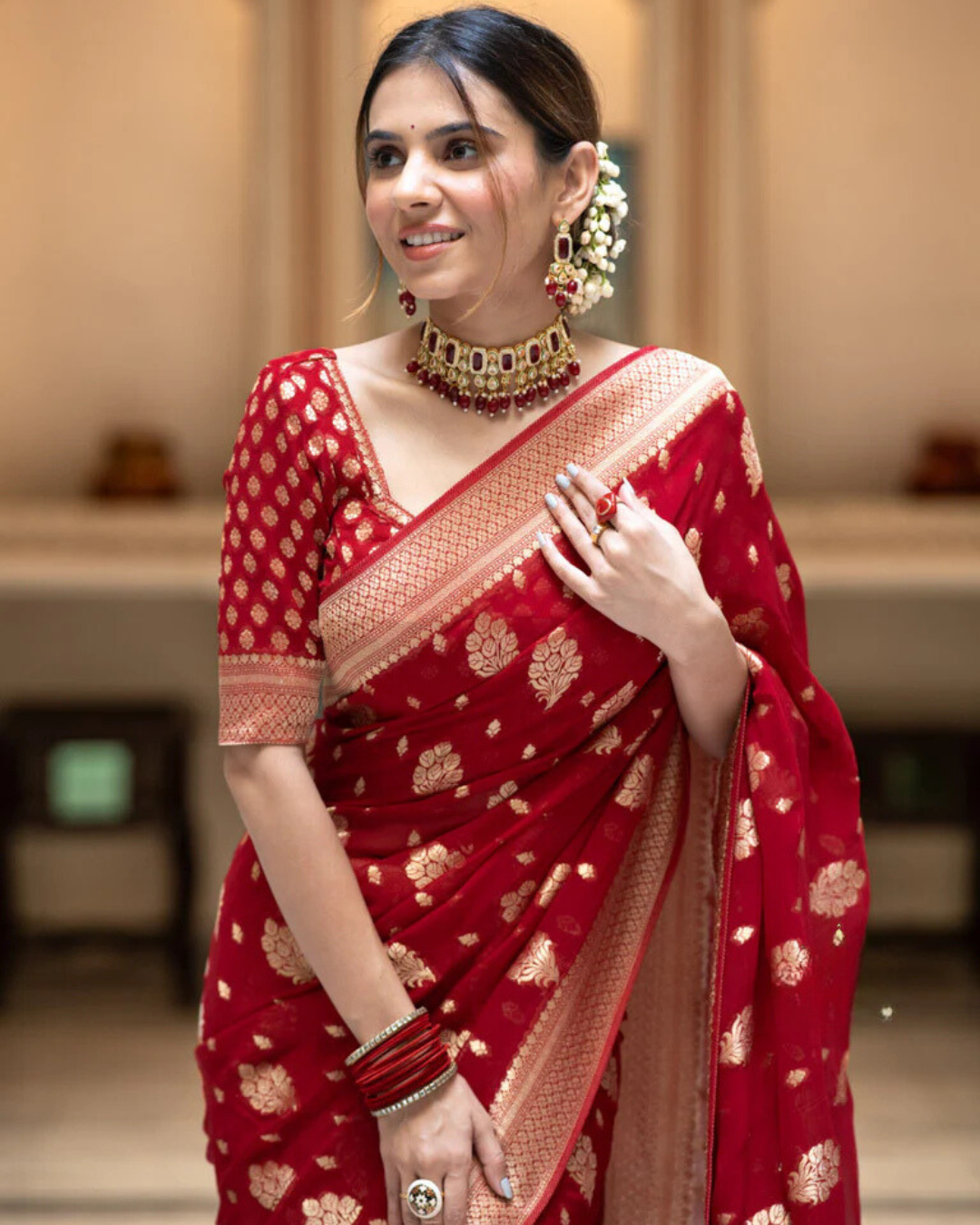 Sudha Red Banarasi Silk Saree with Beautitude Blouse