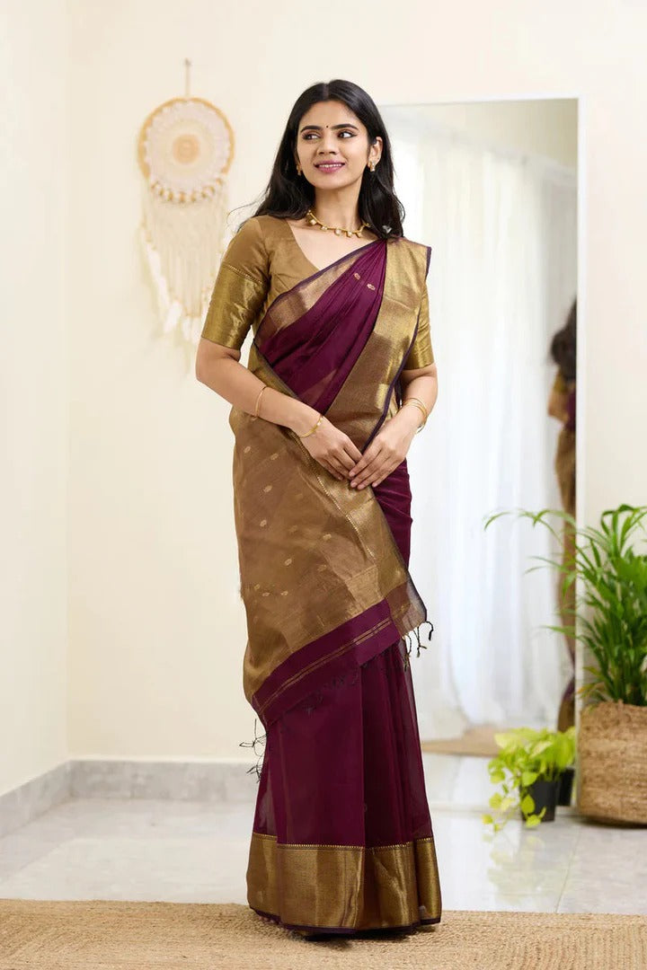 Meghlata Wine Cotton Silk Saree with Attractive Blouse