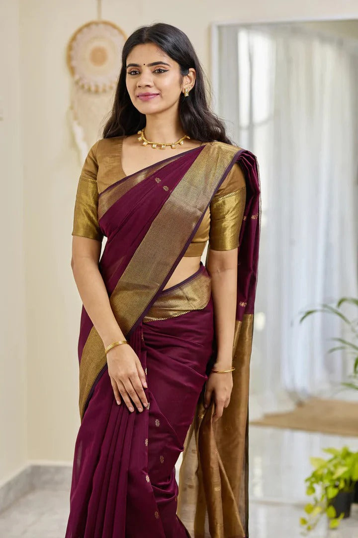 Meghlata Wine Cotton Silk Saree with Attractive Blouse