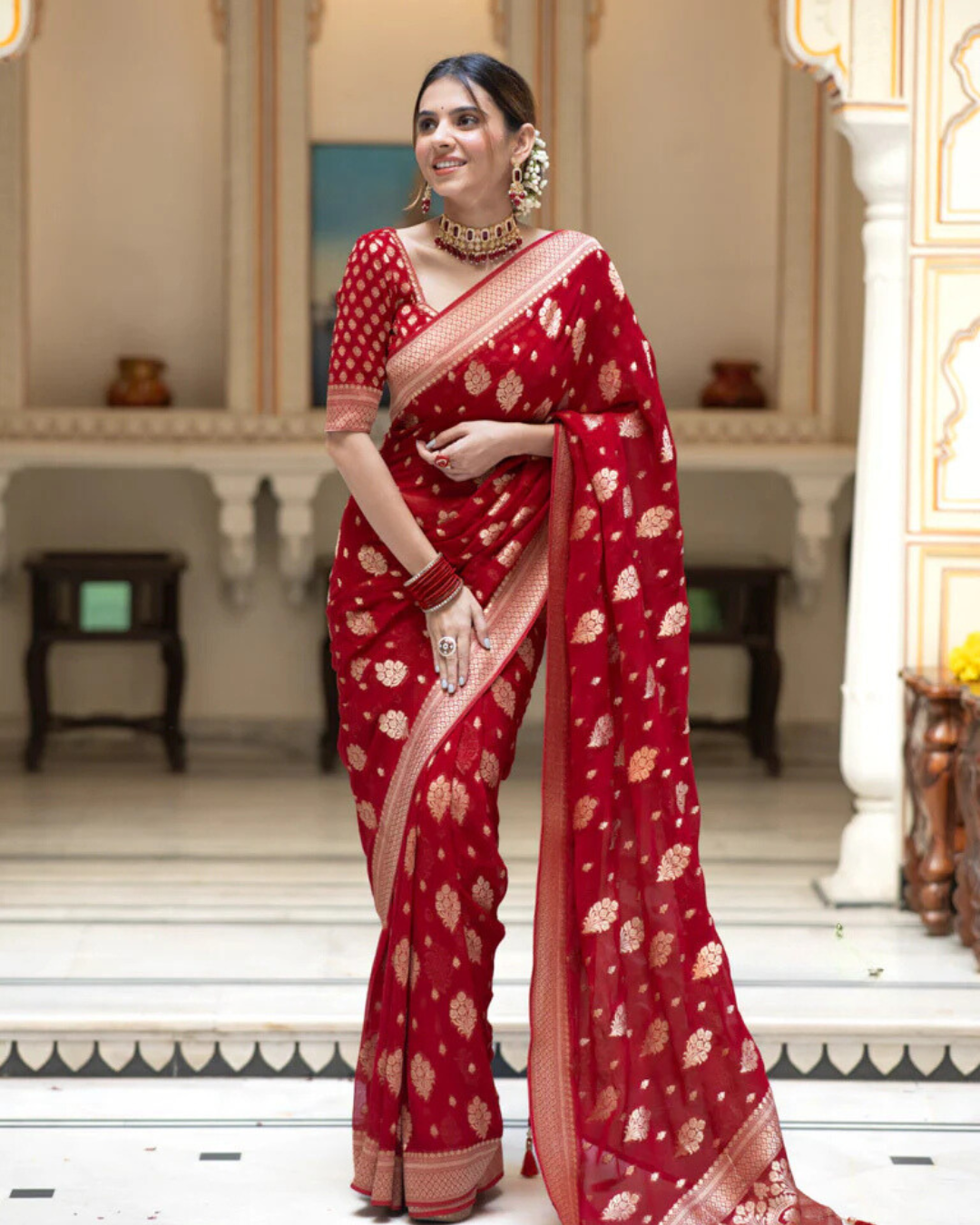 Sudha Red Banarasi Silk Saree with Beautitude Blouse