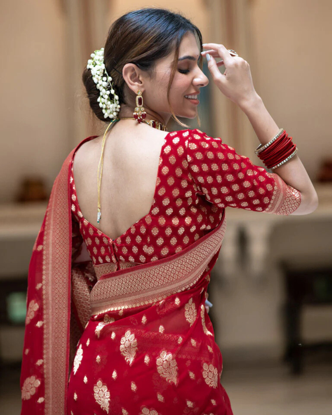 Sudha Red Banarasi Silk Saree with Beautitude Blouse