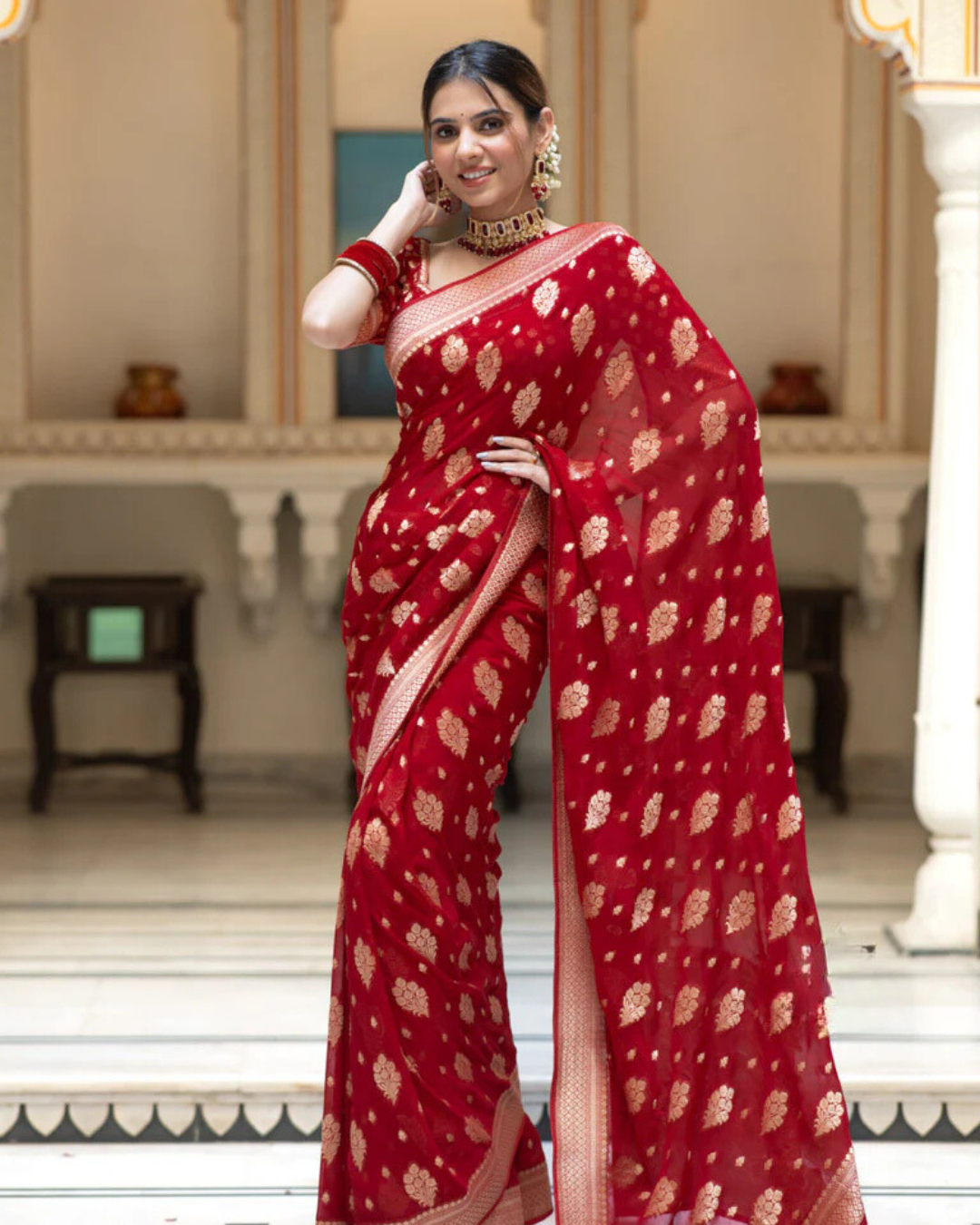 Sudha Red Banarasi Silk Saree with Beautitude Blouse
