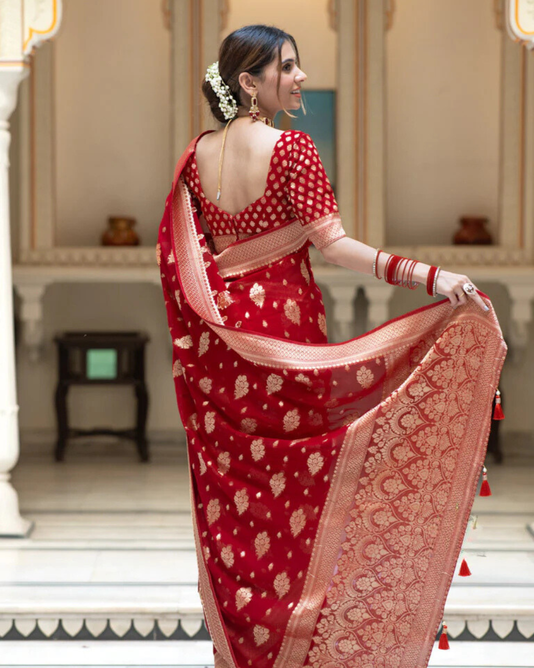 Sudha Red Banarasi Silk Saree with Beautitude Blouse
