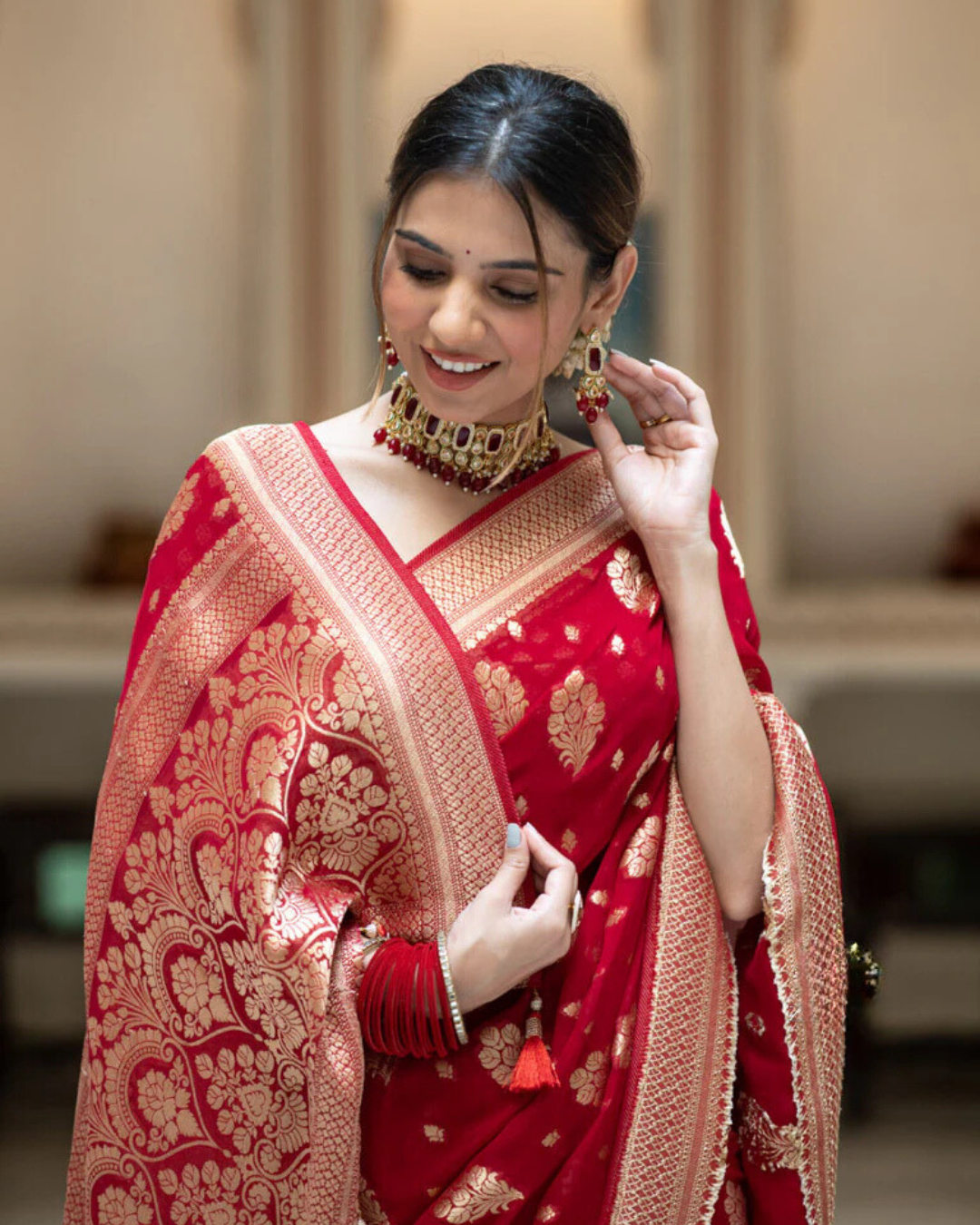 Sudha Red Banarasi Silk Saree with Beautitude Blouse