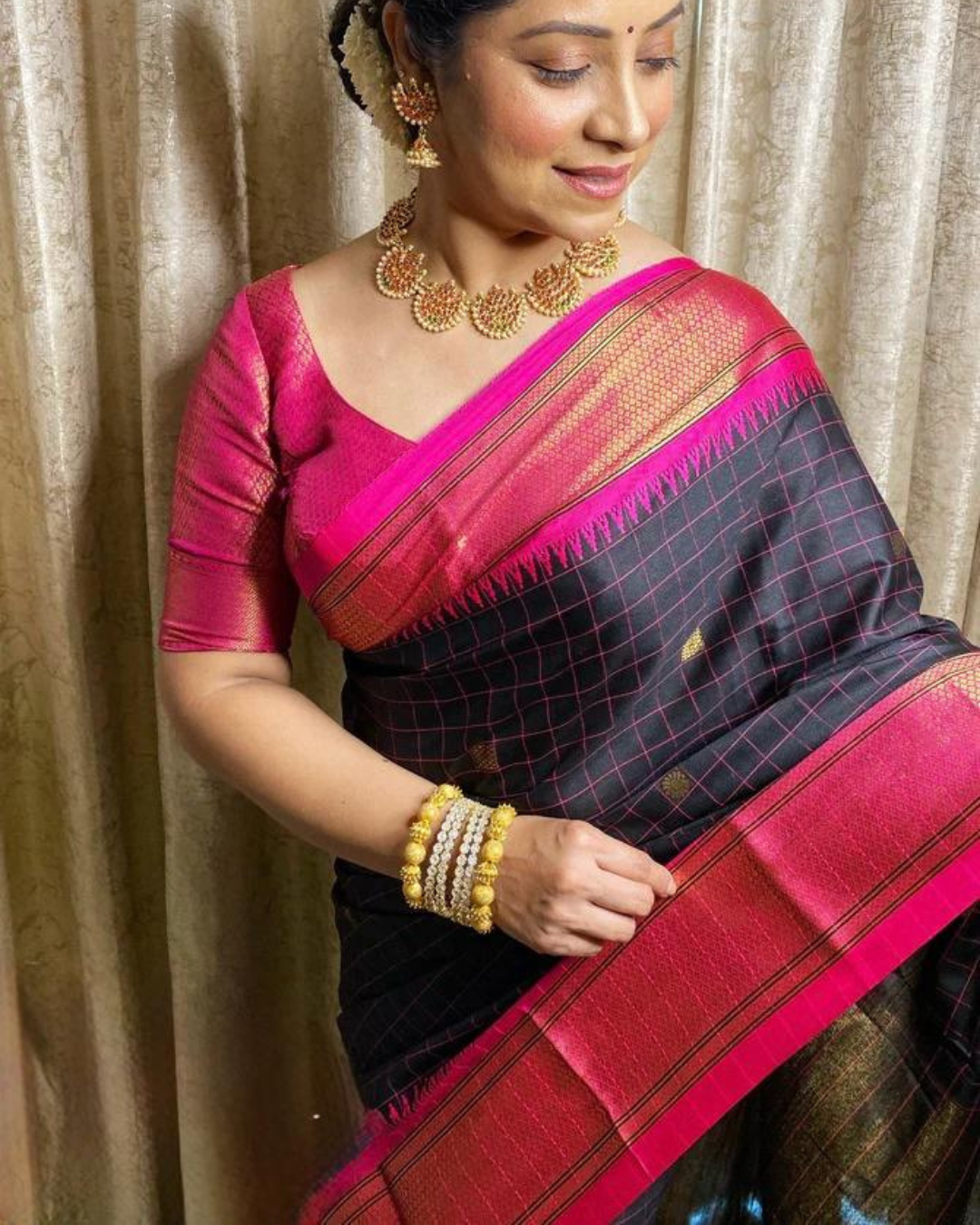 Mehal - Black Checked Saree with Pink Zari Border