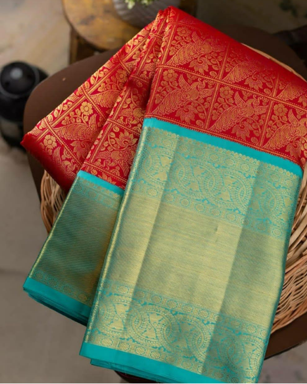 Mayura Sky-Red Kanchi Soft Silk Saree With Attached Blouse