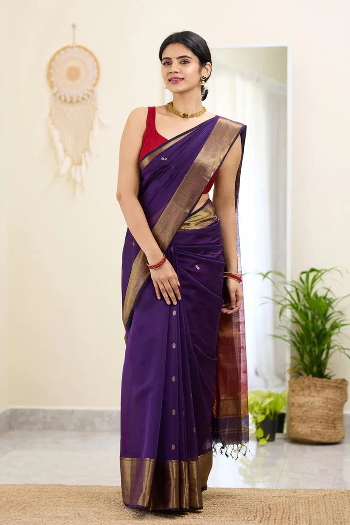 Meghlata Purple Cotton Silk Saree with Attractive Blouse