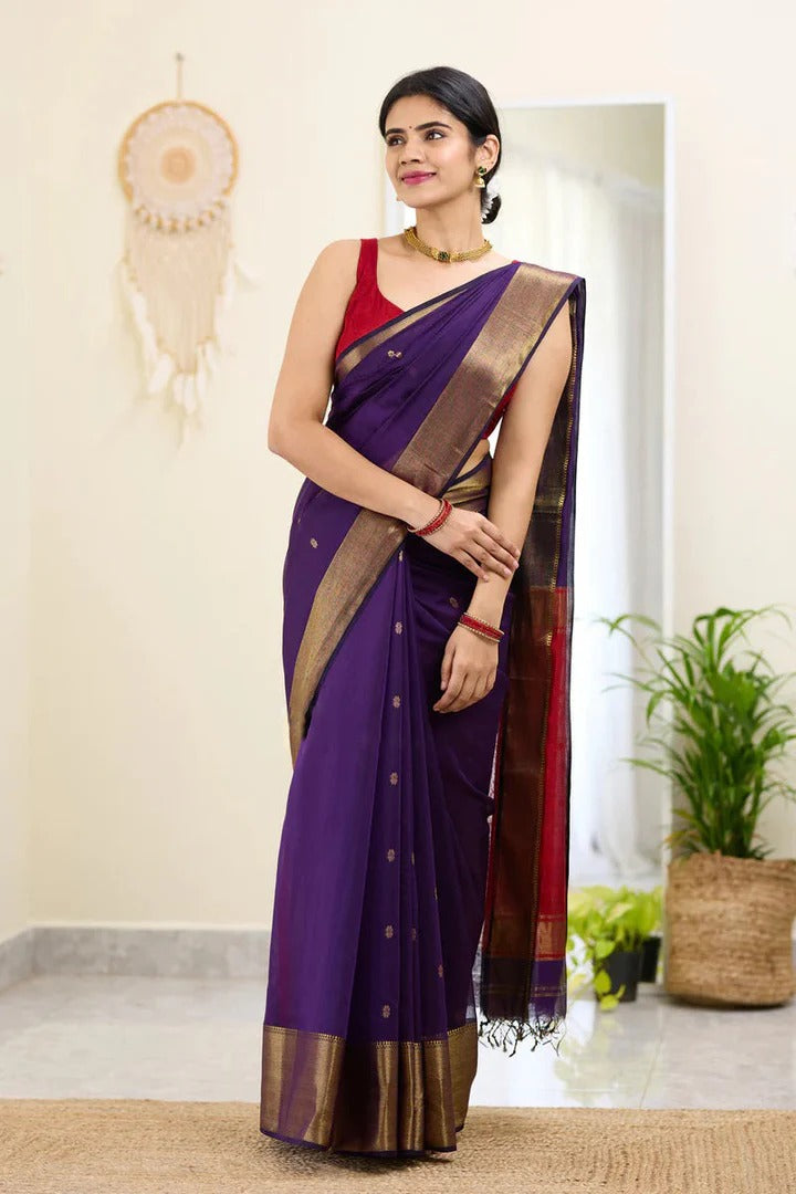Meghlata Purple Cotton Silk Saree with Attractive Blouse