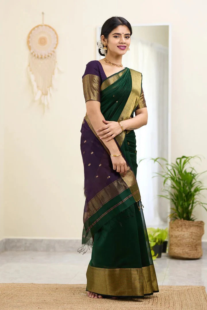 Meghlata Green Cotton Silk Saree with Attractive Blouse