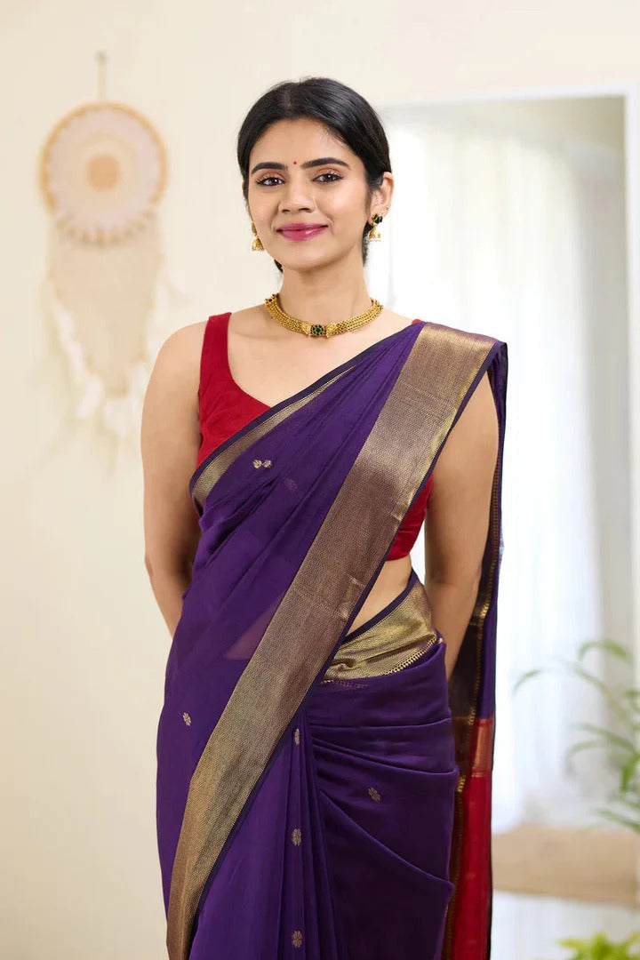 Meghlata Purple Cotton Silk Saree with Attractive Blouse
