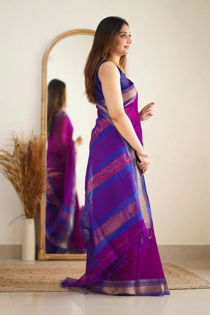 Premium Cotton Silk Saree with Pure Linen Silk Blouse Piece β Purple/Royal Blue Variant-MYSTIC