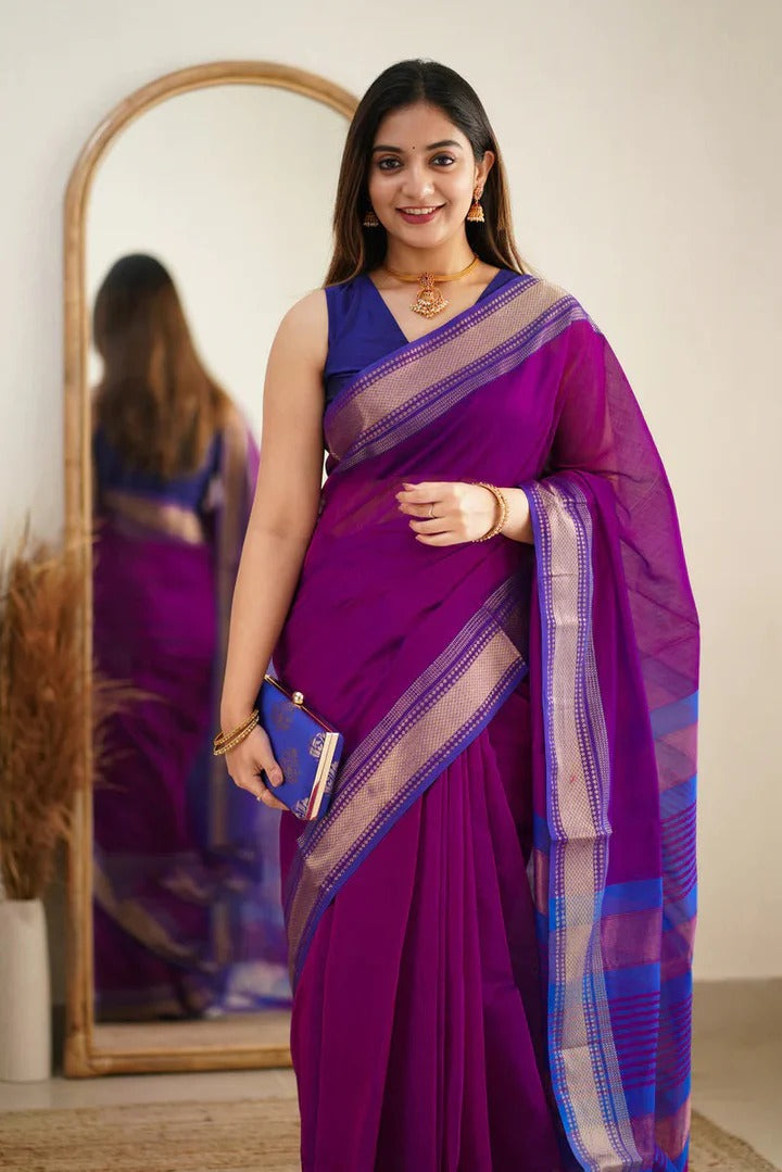 Premium Cotton Silk Saree with Pure Linen Silk Blouse Piece β Purple/Royal Blue Variant-MYSTIC