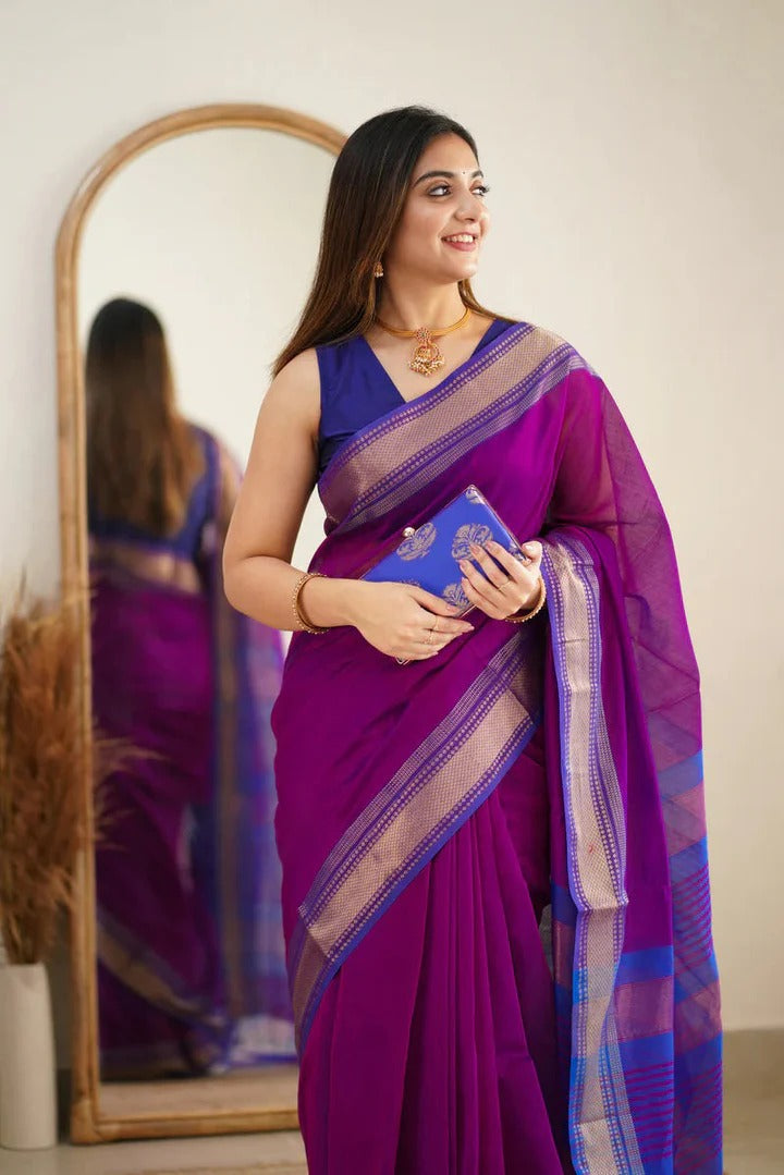 Premium Cotton Silk Saree with Pure Linen Silk Blouse Piece β Purple/Royal Blue Variant-MYSTIC