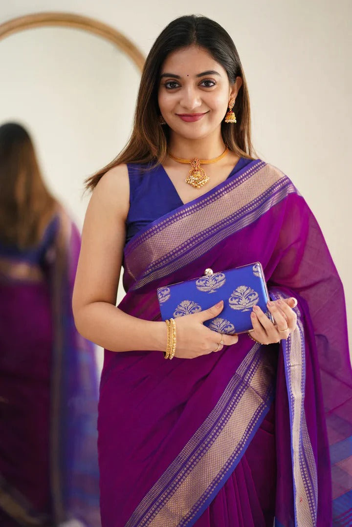 Premium Cotton Silk Saree with Pure Linen Silk Blouse Piece β Purple/Royal Blue Variant-MYSTIC