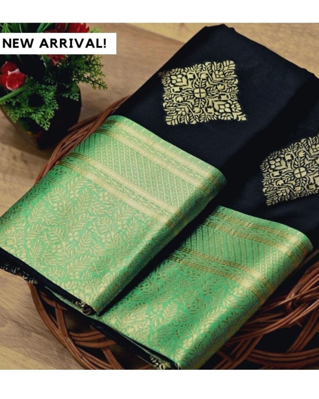 Pista-Black Traditional Kanchi Soft Silk Sari With Attached Blouse