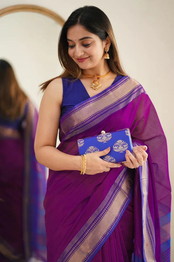 Premium Cotton Silk Saree with Pure Linen Silk Blouse Piece β Purple/Royal Blue Variant-MYSTIC