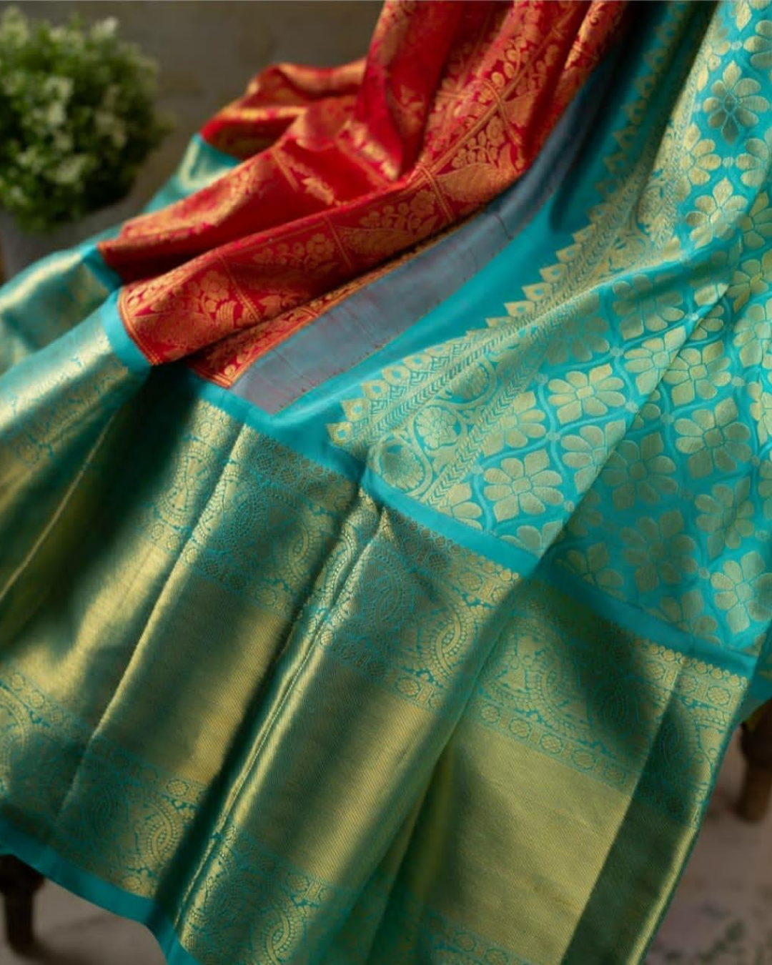 Mayura Sky-Red Kanchi Soft Silk Saree With Attached Blouse