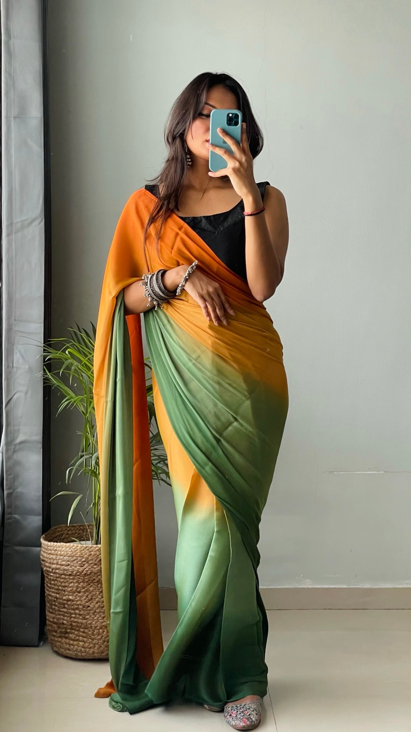 1 MIN Ready To Wear Dark Yellow- Green Dual shade Saree - Kachi Keri