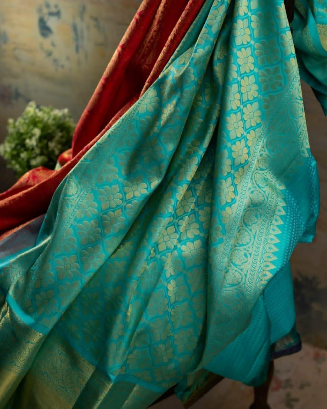 Mayura Sky-Red Kanchi Soft Silk Saree With Attached Blouse