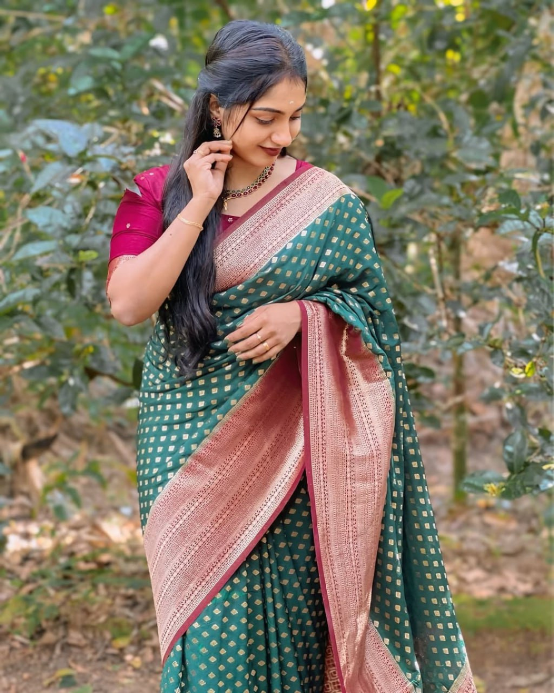 Mishka - Bottle Green Saree with Rose Gold Zari Border