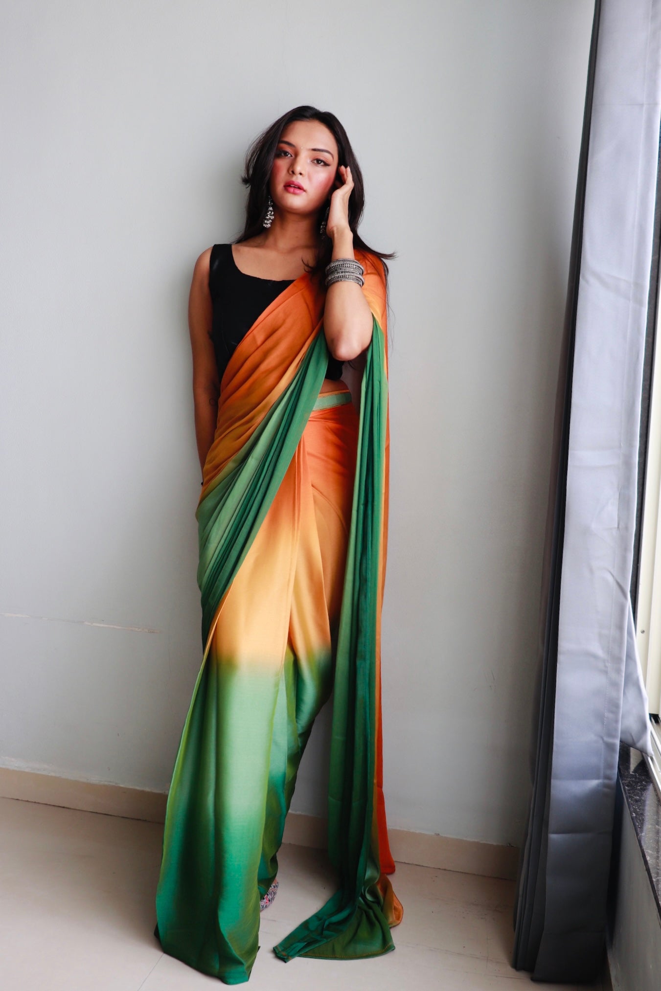 1 MIN Ready To Wear Dark Yellow- Green Dual shade Saree - Kachi Keri