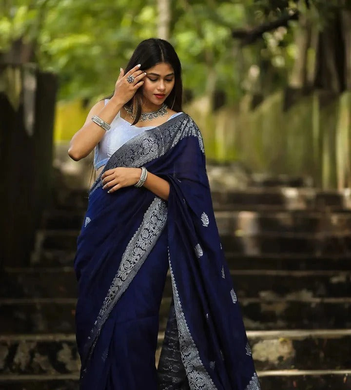 Siddhi Navy Blue Soft Silk Saree With Attractive Blouse Piece