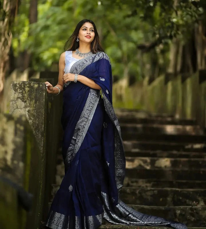 Siddhi Navy Blue Soft Silk Saree With Attractive Blouse Piece