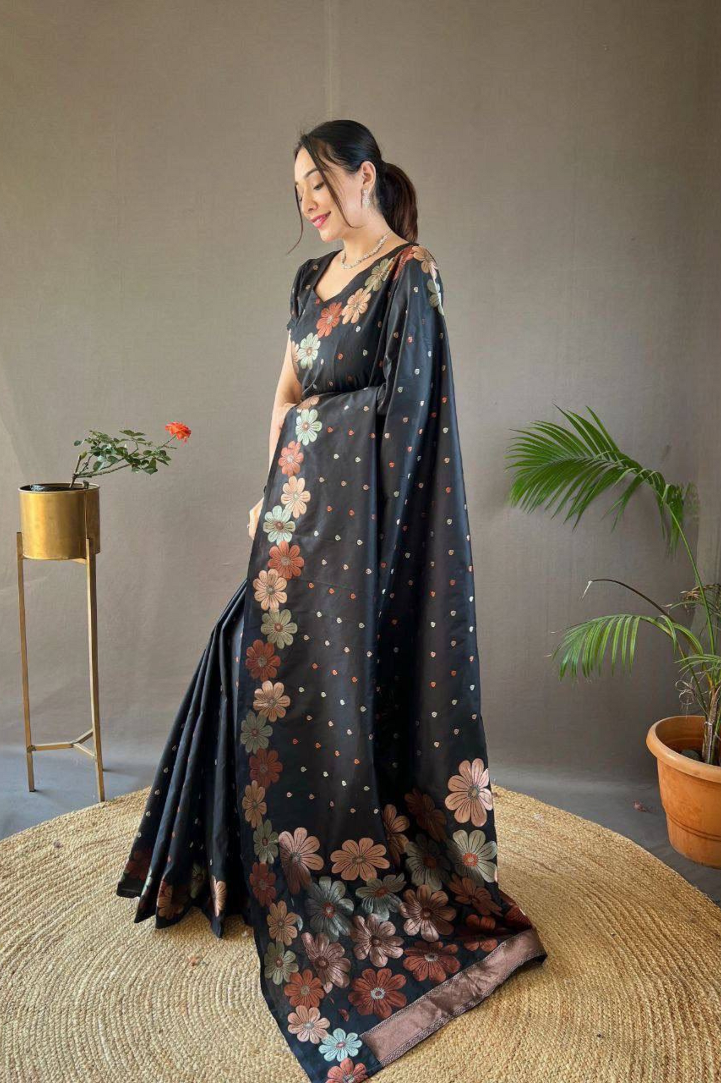 Rosette Bloom - Black Satin Silk Saree