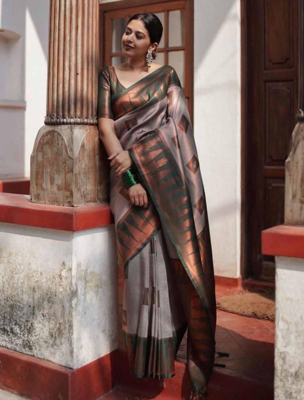 Aabha Dark Grey-Green Soft Silk Saree