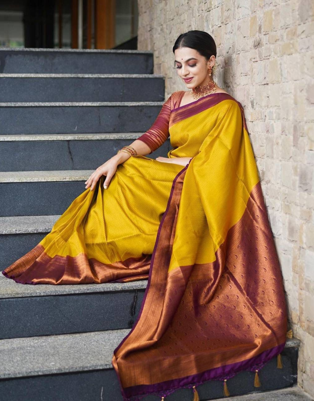 Yellow Maroon Traditional Soft Silk Saree With Attached Blouse