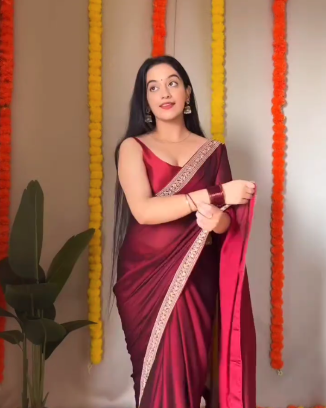 Ruhani – Wine Red Organza Saree with Sequin Border