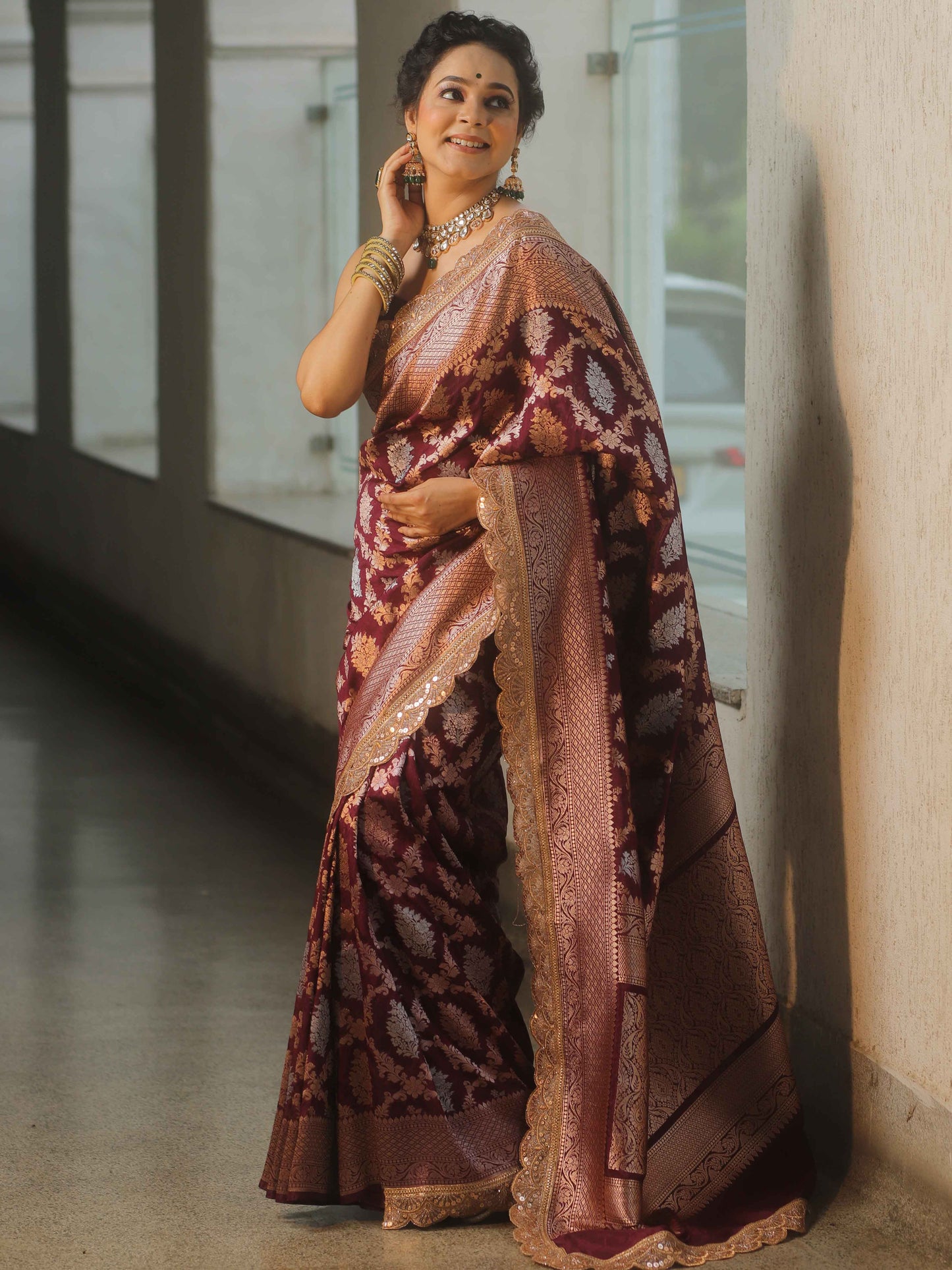 Aubergine Dots - Banarasi Silk Saree