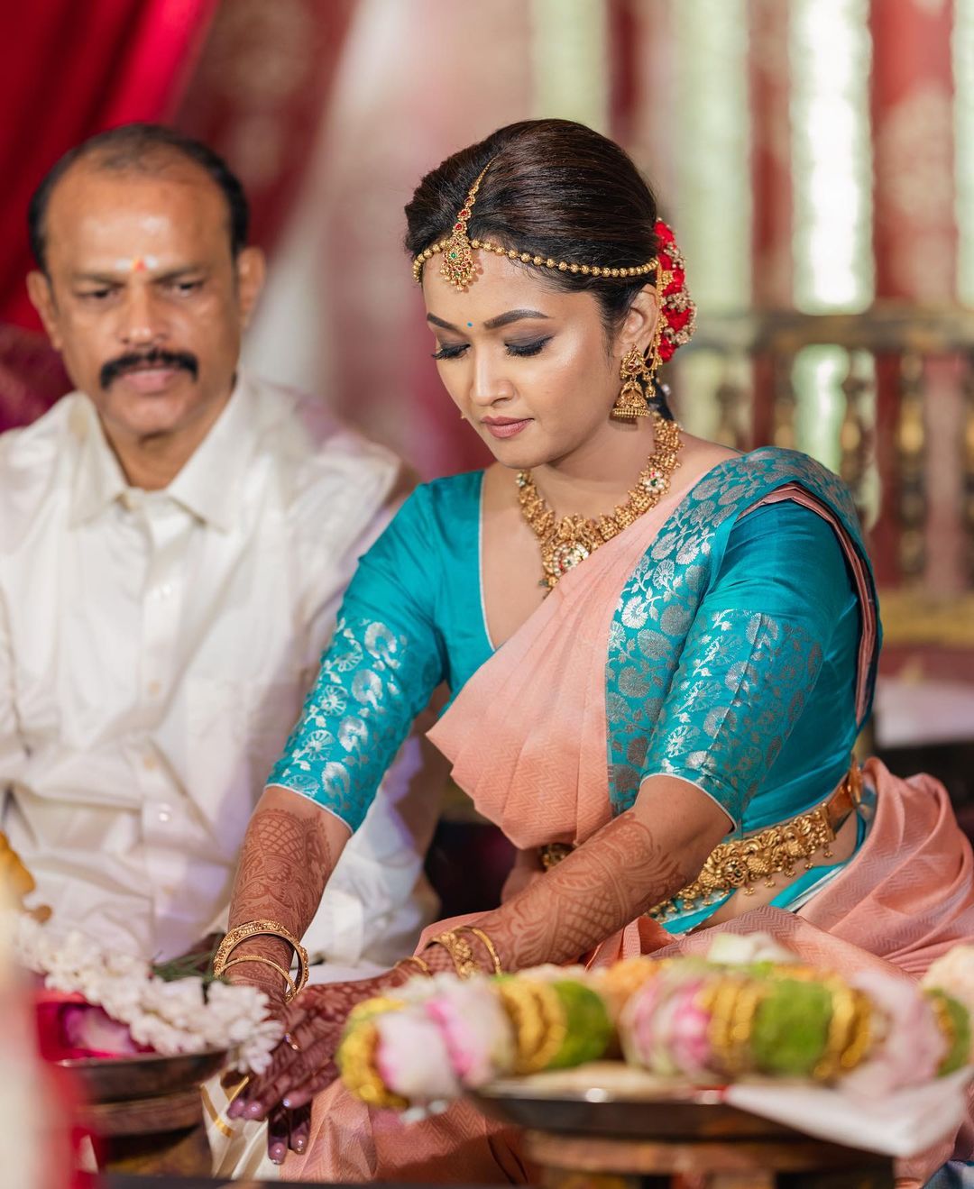 Madhvi Peach Banarasi Saree