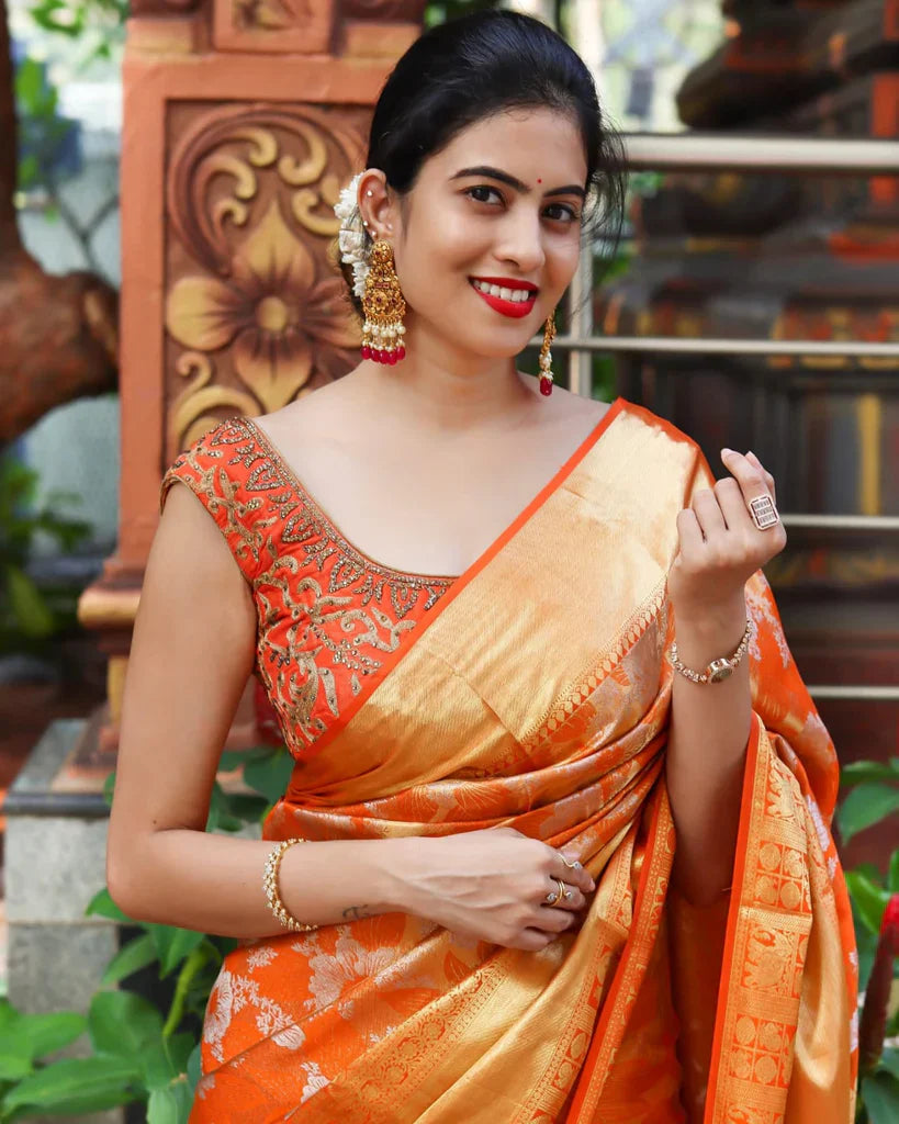 Soniya Orange Soft Banarasi Silk Saree With Attractive Blouse