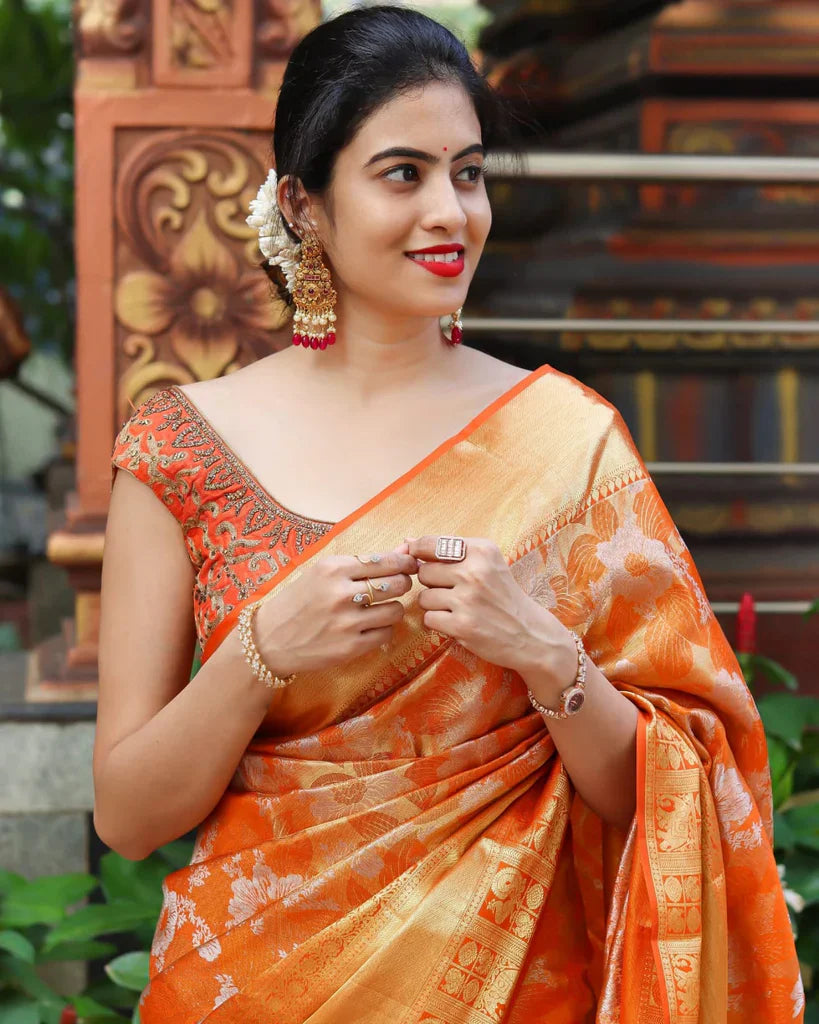 Soniya Orange Soft Banarasi Silk Saree With Attractive Blouse