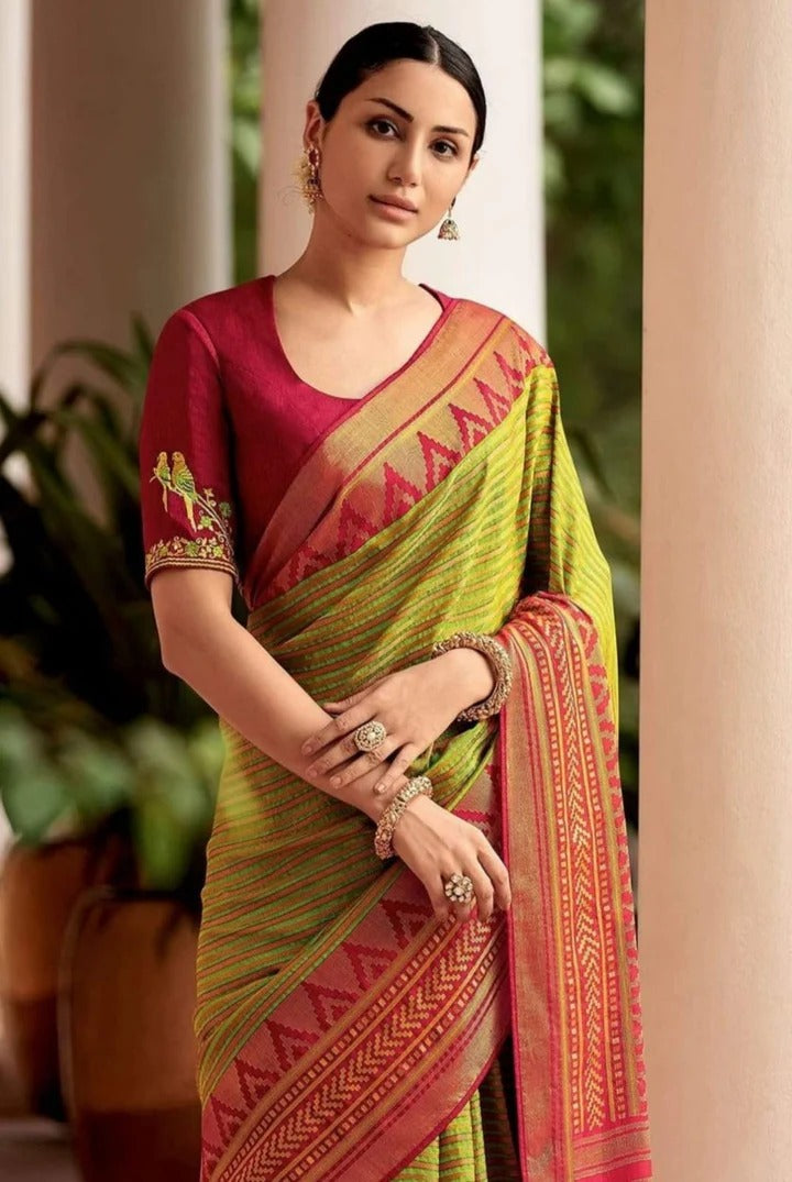 Pershiv Mehndi Soft Silk Saree With Timeless Dual Blouse Piece