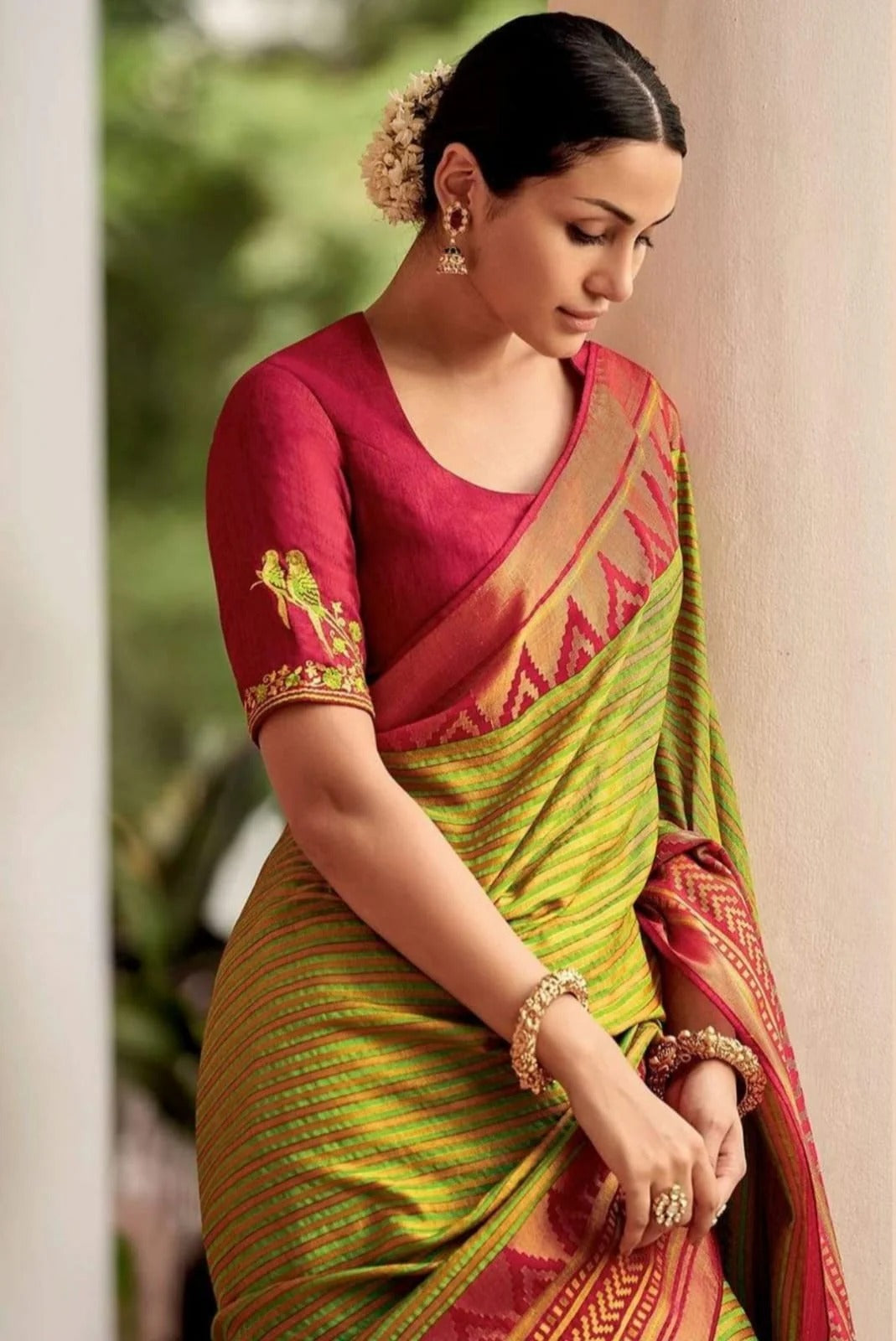 Pershiv Mehndi Soft Silk Saree With Timeless Dual Blouse Piece