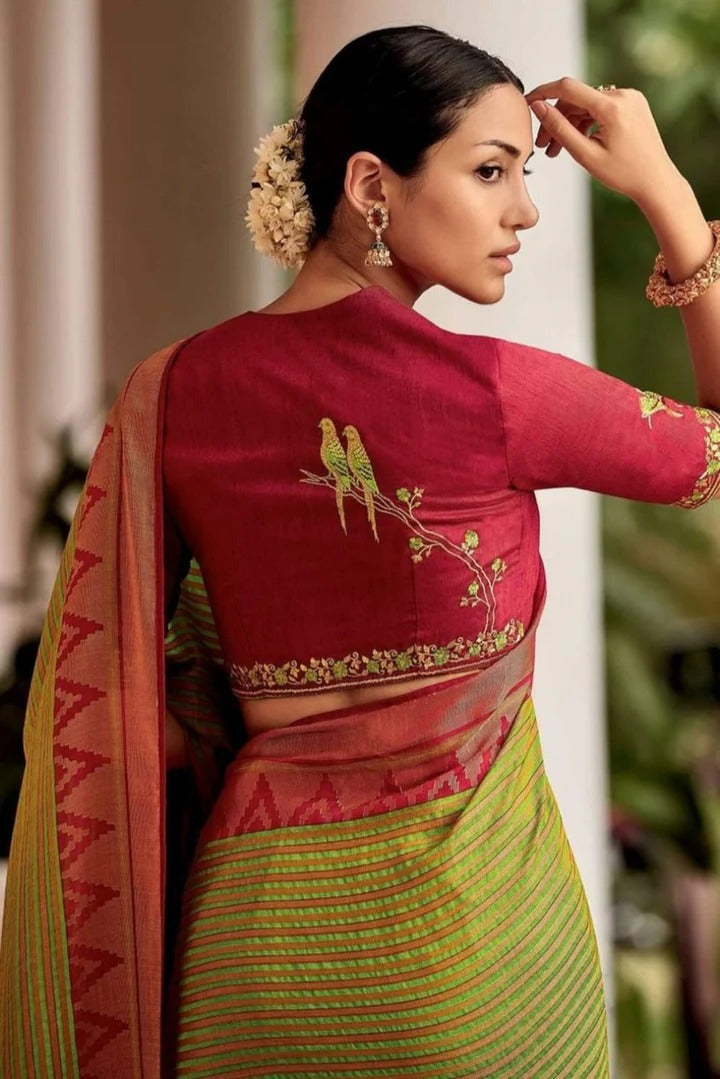 Pershiv Mehndi Soft Silk Saree With Timeless Dual Blouse Piece