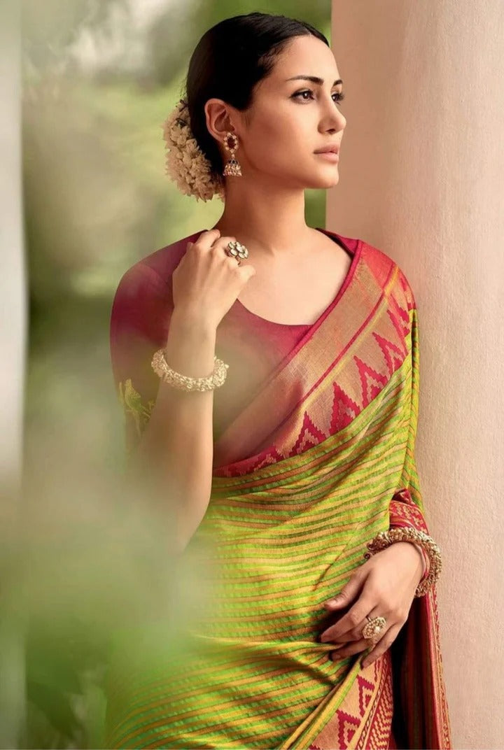 Pershiv Mehndi Soft Silk Saree With Timeless Dual Blouse Piece
