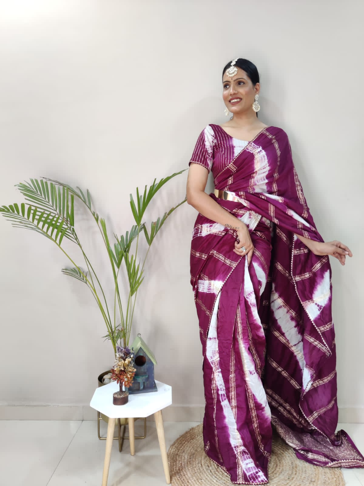 1 MIN Ready To Wear Sibori WIne Viscose Saree