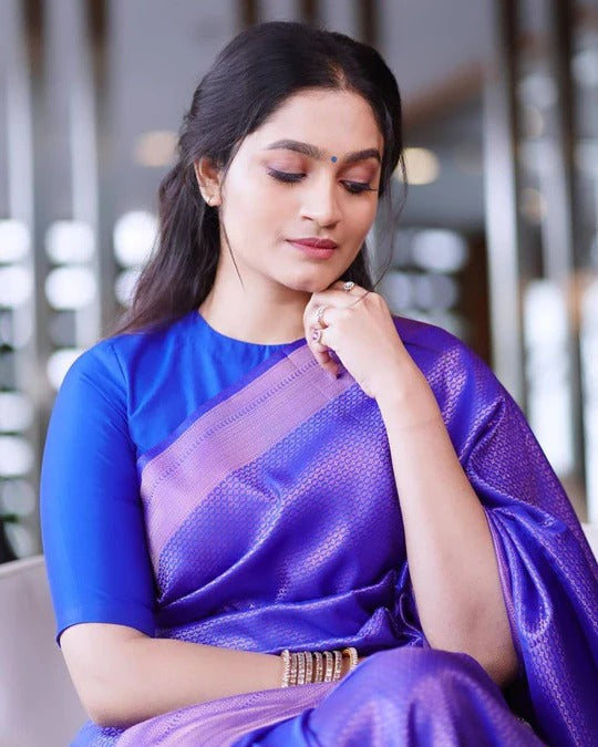 Bindu Taffy Blue Soft Banarasi Silk Saree With Blouse Attached - ABHA